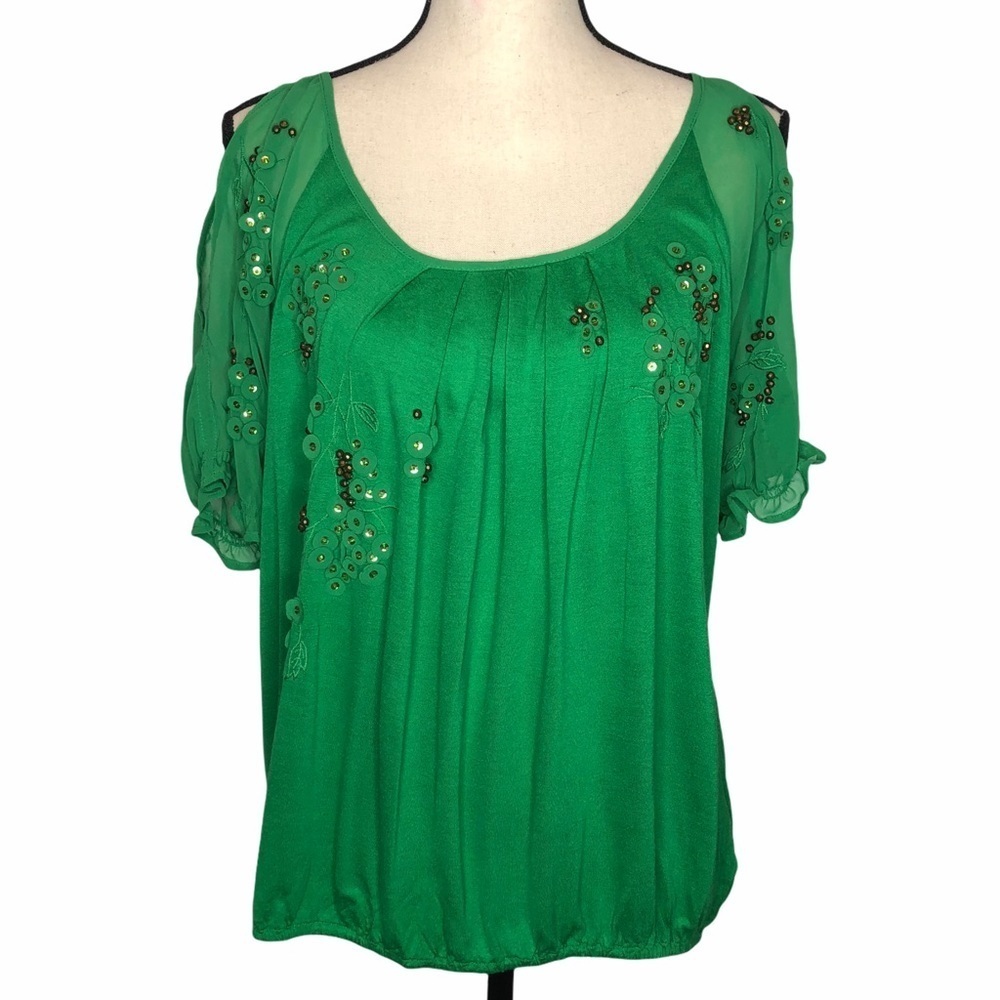 Anthropologie Leifnotes Green Cold Shoulder‎ Top